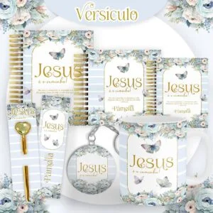 Coleção de itens personalizados com tema religioso floral e ilustrações de borboletas suaves.