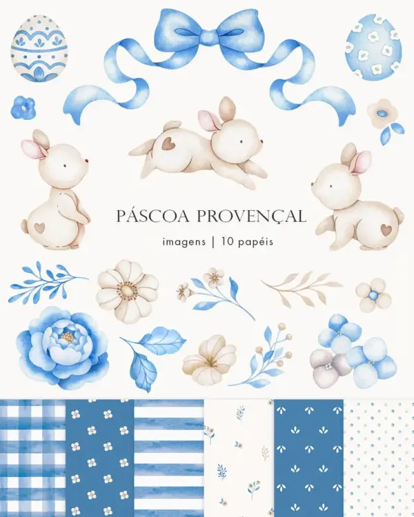 Conjunto Completo Páscoa Provençal Aquarelada em PNG
