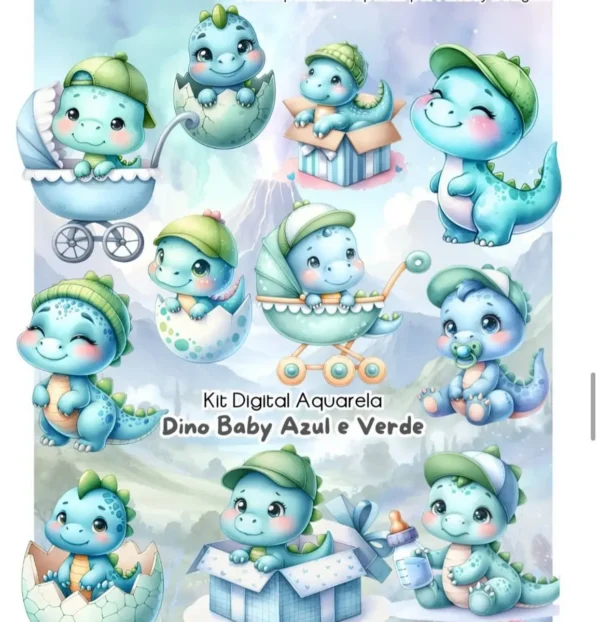 Conjunto Dino Baby Aquarela para Papelaria Personalizada