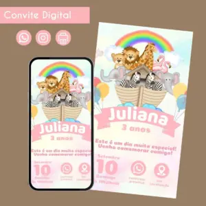 Convite digital com tema arca de animais, arco-íris e elementos festivos para festa infantil.