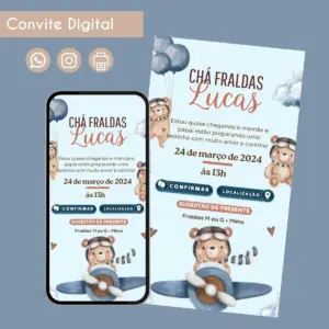 Convite Chá de Fraldas Ursinho Digital Personalizado 19 Convite digital com tema de urso aviador para chá de fraldas em tons azuis.