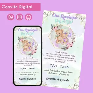 Convite digital para chá revelação com ursinhos e arte temática em fundo lilás.