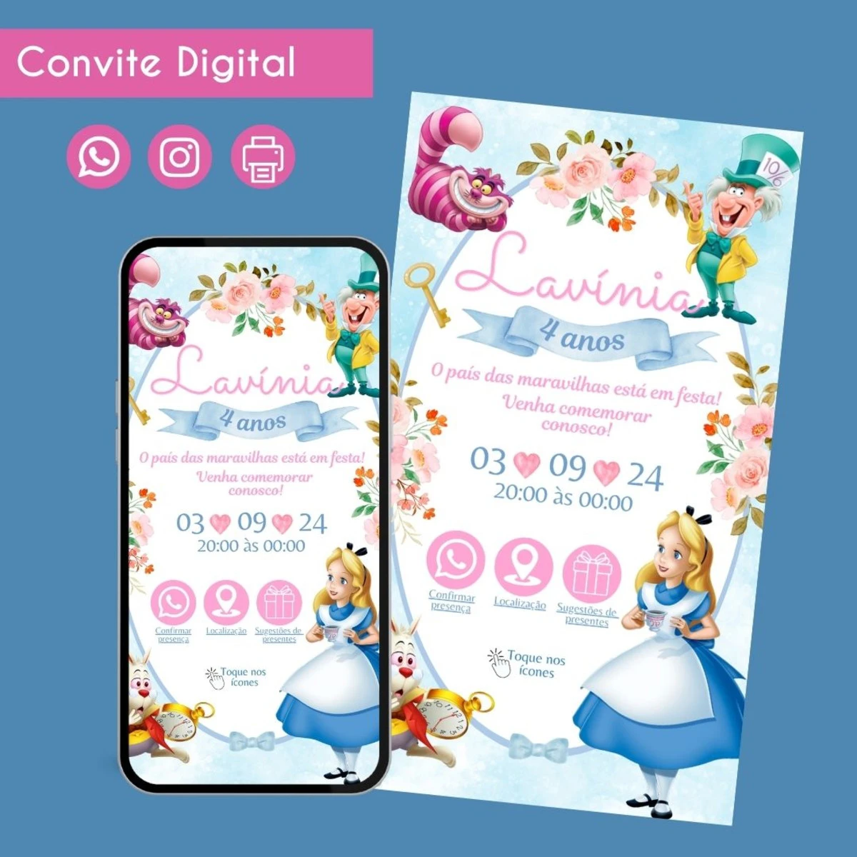 Convite digital Alice no País das Maravilhas para WhatsApp 1 Convite digital com personagens clássicos e tema de festa infantil de aniversário.