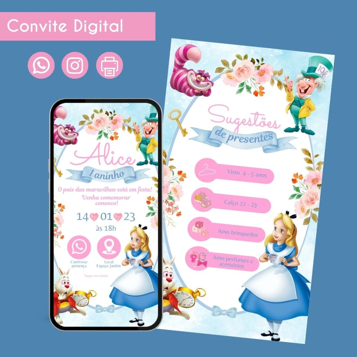 Convite Digital Alice no País das Maravilhas Personalizado 1 Convites digitais ilustrados com personagens clássicos de fantasia em fundo azul claro decorado.
