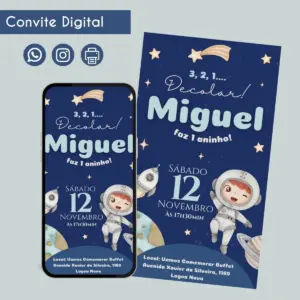 Convite digital com tema espacial exibido em um celular e uma folha estendida.