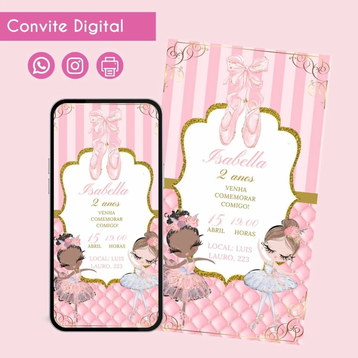 Convite Digital Bailarina Personalizado para Aniversário 1 Convite digital temático de bailarina com tons rosados, sapatilhas e ilustrações infantis delicadas.