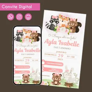 Convite digital com ilustrações em aquarela de animais fofos do bosque para aniversário infantil.