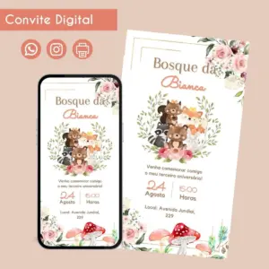 Convite Digital Bosque Encantado Menina Personalizado 32 Convite digital de aniversário infantil com ilustrações de animais da floresta e flores.
