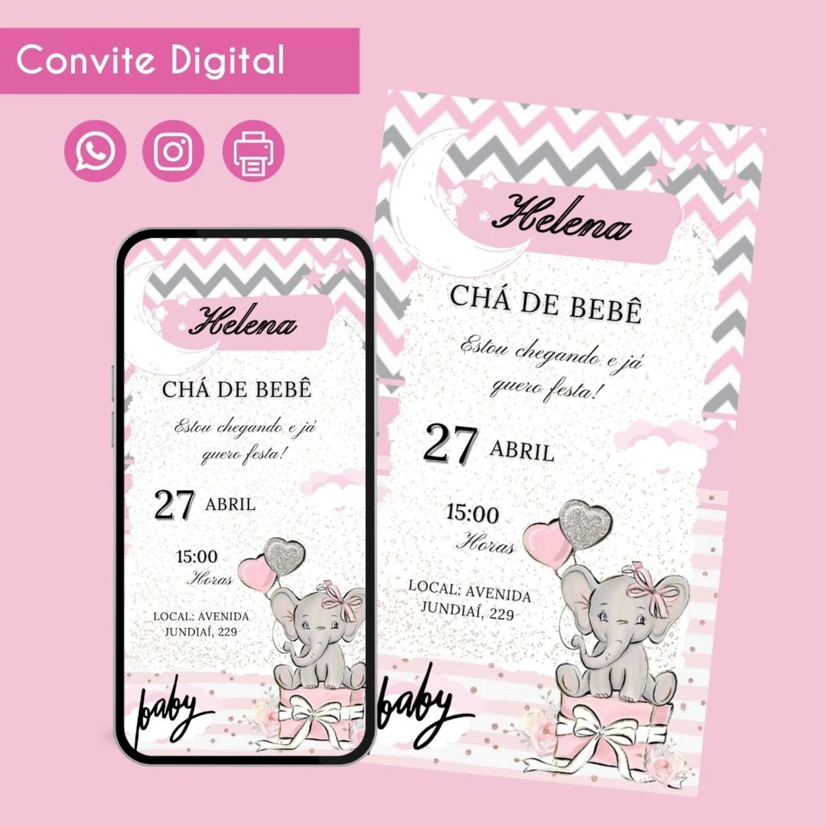 Convite Digital Chá de Bebê Elefantinha Personalizado 1 Convite digital com tema de elefantinho rosa para chá de bebê feminino.