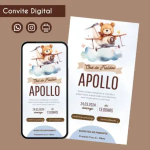 Convite digital para chá de fraldas com ilustração de urso pilotando um pequeno avião.