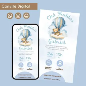 Convite digital com urso, balão e nuvens em tons azulados para festa infantil.
