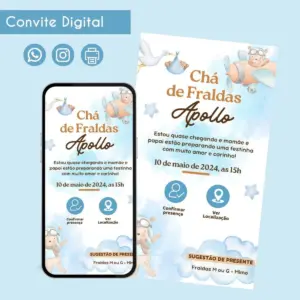 Convite Digital Chá de Fraldas Ursinho para WhatsApp 38 Convite digital para chá de fraldas com ilustração de urso aviador e cegonha.