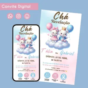 Convite digital com ursinhos em nuvens para festa de chá revelação de bebê.
