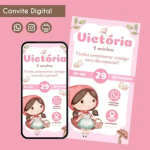 Convite digital com ilustração de menina de capa vermelha em fundo rosa claro.