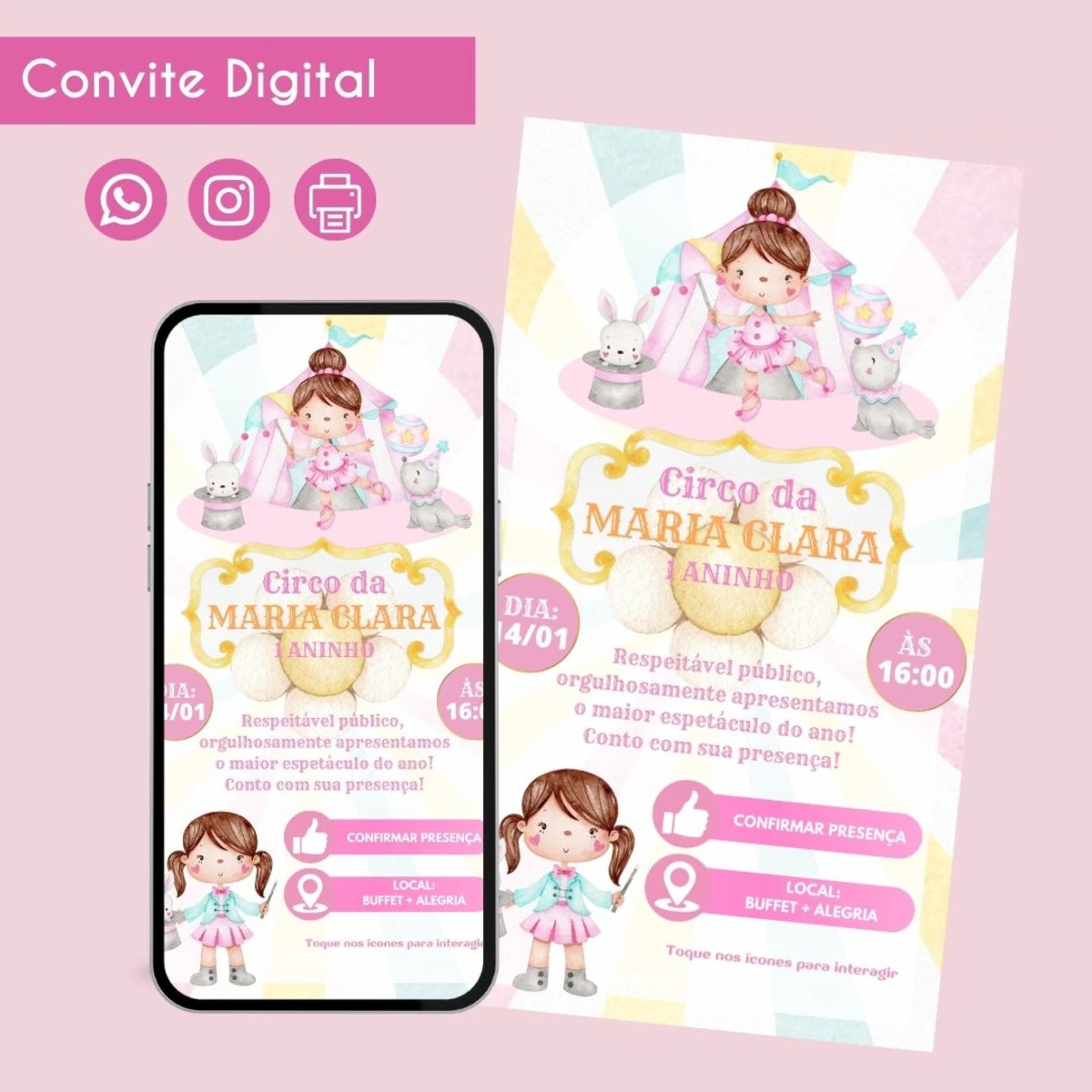 Convite Digital Circo Rosa para Aniversário de Menina 1 Convite digital com tema de circo apresentando ilustração de menina e animais.