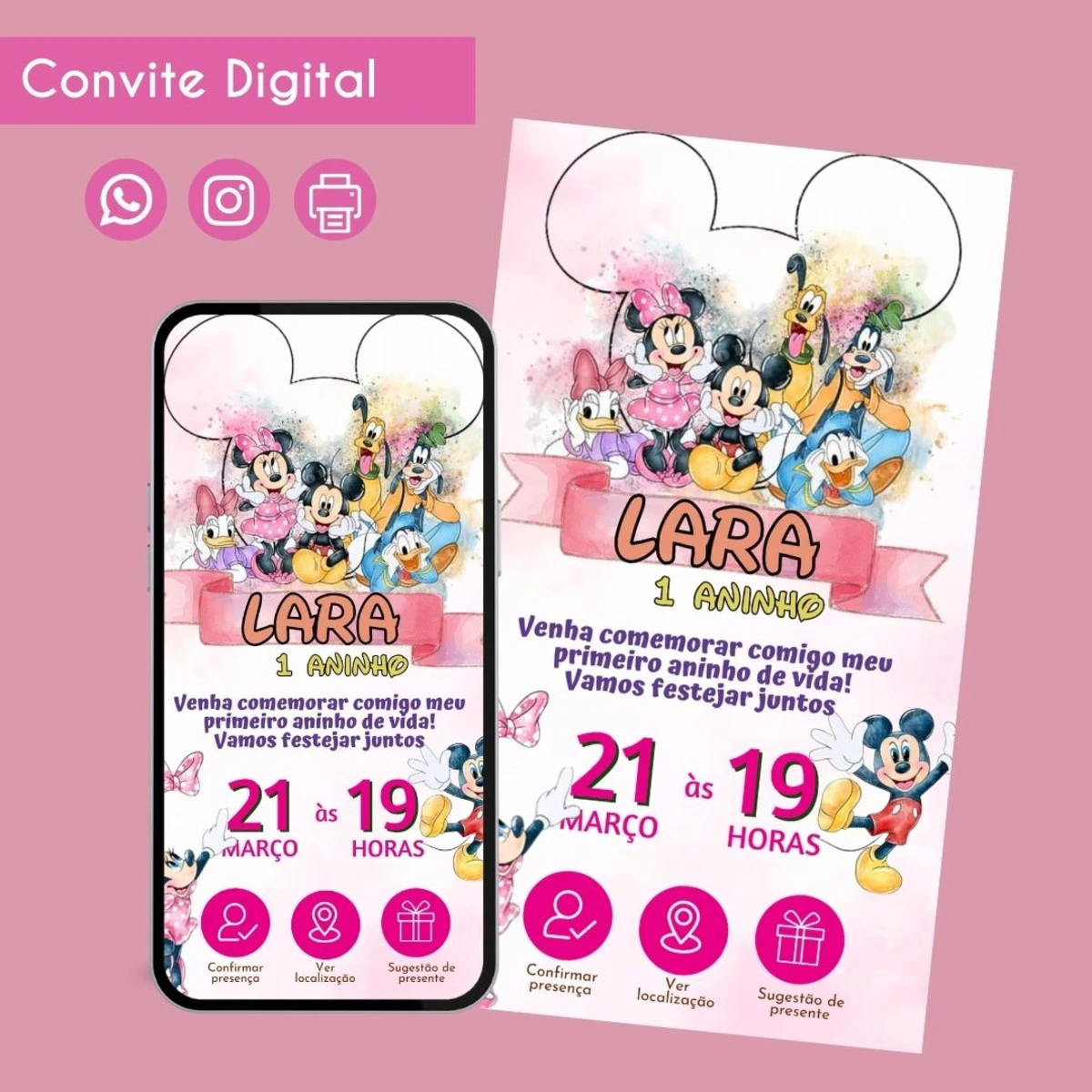 Convite Digital da Turma do Mickey em Aquarela para Festa 1 Convite digital com tema de personagens de desenho animado e ícones de confirmação interativos.