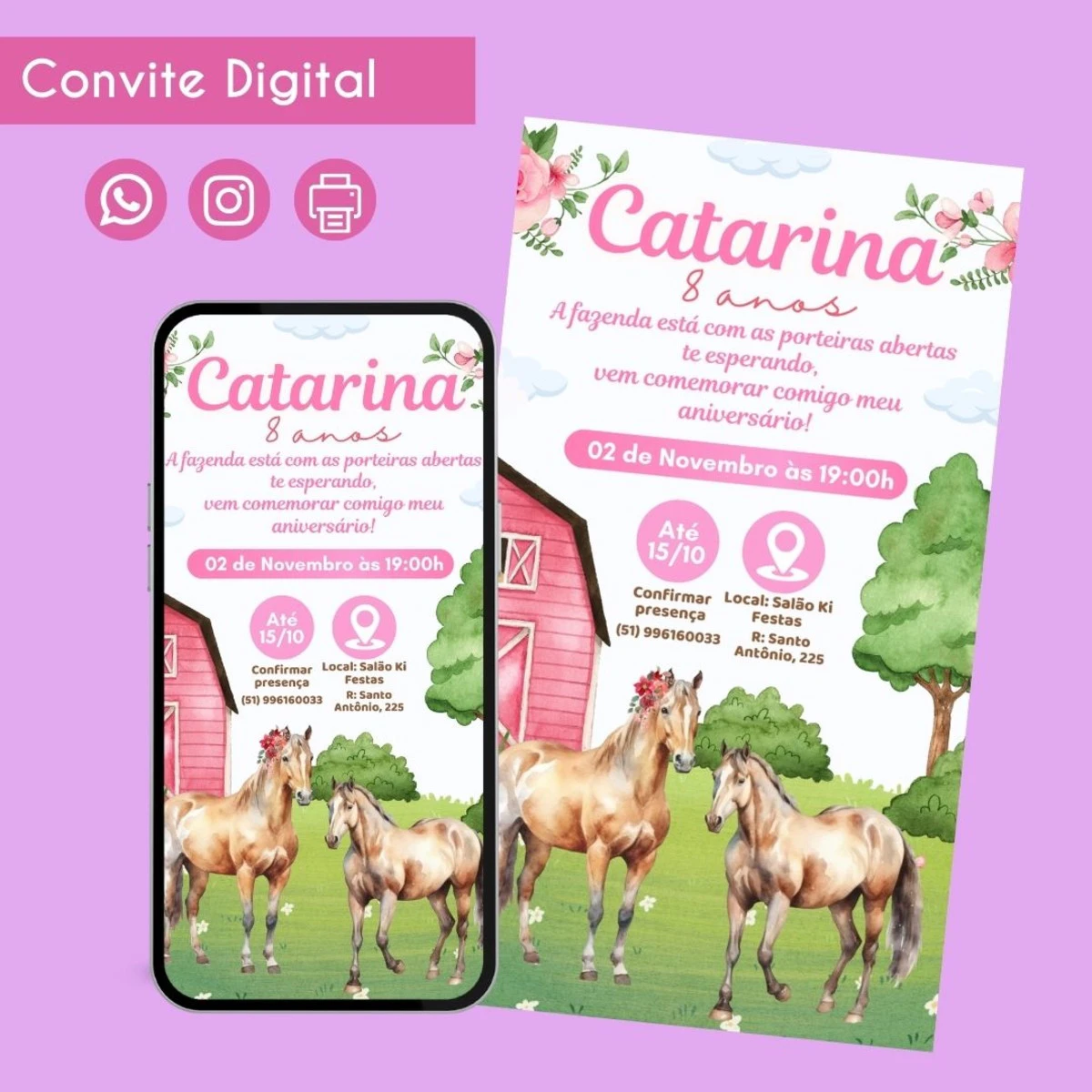 Convite Digital Fazendinha Menina Cavalo Personalizado 1 Convite digital de aniversário infantil com tema de fazenda e dois cavalos pintados.