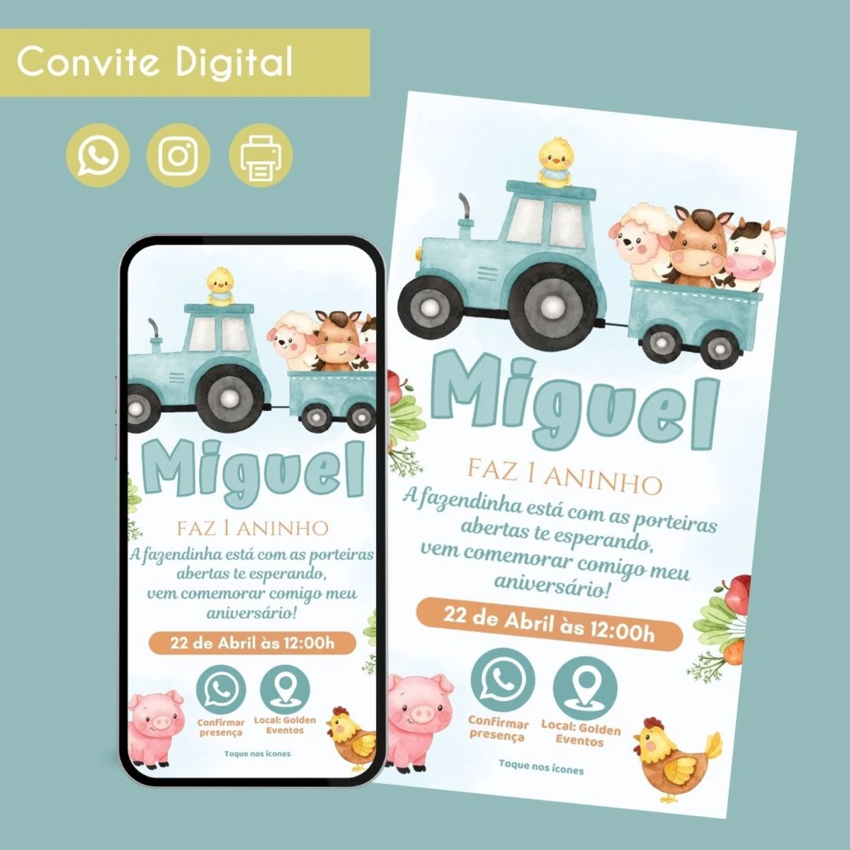 Convite Digital Fazendinha Menino Azul para Festa Infantil 1 Convite digital com tema de fazendinha contendo animais, trator e informações de festa infantil.