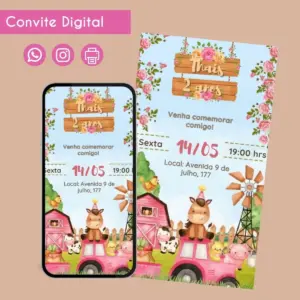Convite digital com tema de fazenda ilustrado com animais e elementos rurais.