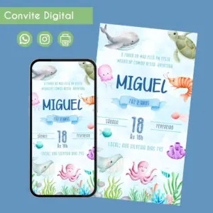 Convite digital com tema fundo do mar ilustrado com baleias e animais marinhos.