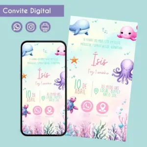 Convite Digital Infantil Fundo do Mar para Menina 20 Convite digital com tema fundo do mar ilustrado com animais aquáticos e cores suaves.