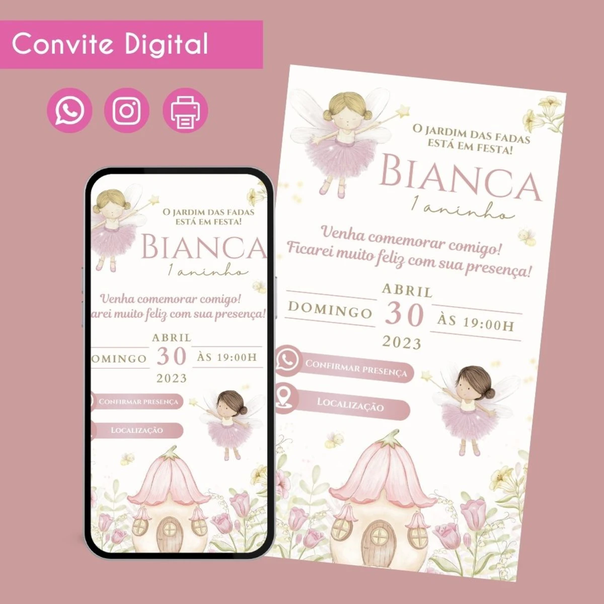 Convite Digital Jardim das Fadas para Festa de Menina 1 Convite digital com tema de fada e elementos florais delicados em tons suaves.
