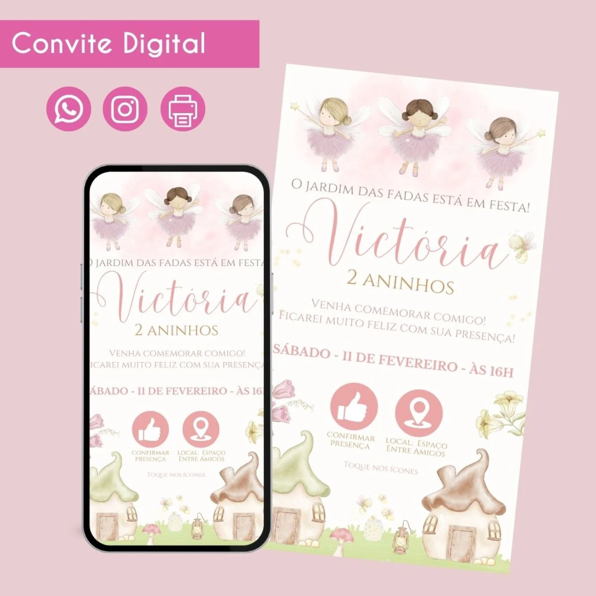 Convite Digital Jardim das Fadas para Festa Infantil 1 Convite digital com ilustrações de fadas, casas de cogumelo e ícones interativos de evento.