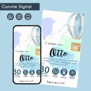 Convite digital com tema de balão em tons de azul e verde aquarela.