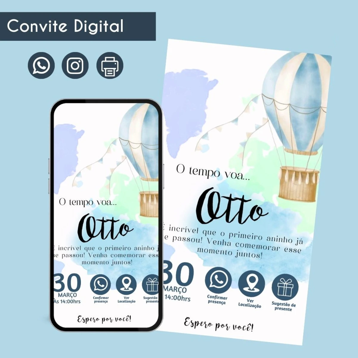 Convite Digital o Tempo Voa em Aquarela para Chá de Bebê 1 Convite digital com tema de balão em tons de azul e verde aquarela.