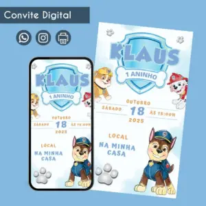 Convite digital com tema de cachorros e escudo azul em fundo azul claro.