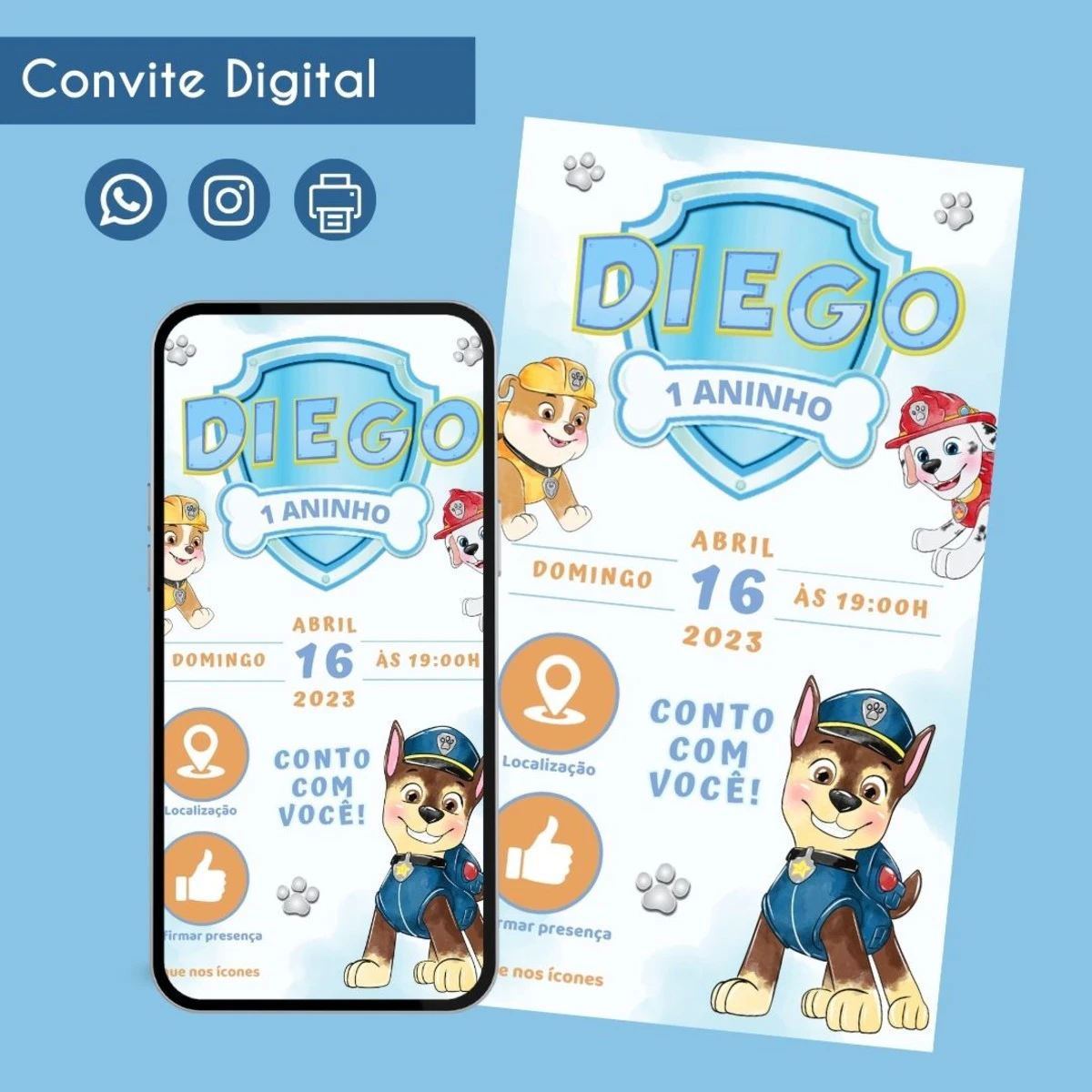 Convite Digital Patrulha Canina Menino Personalizado 1 Convite digital para festa infantil com tema de filhotes de resgate e cachorros.