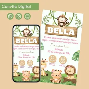 Convite digital de aniversário com ilustrações de animais da selva e elementos naturais.