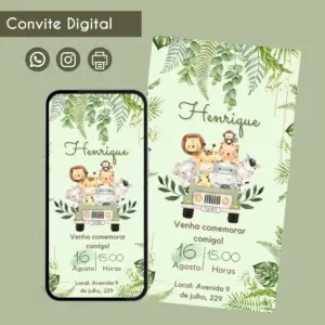 Convite digital com tema safari e animais ilustrados em tons de verde.