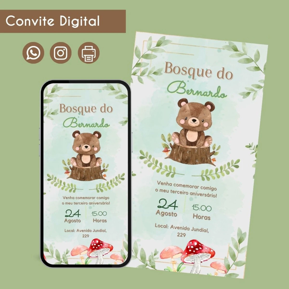 Convite Digital Tema Bosque para Aniversário de Menino 1 Convite digital com tema de ursinho na floresta em tons de verde e marrom.