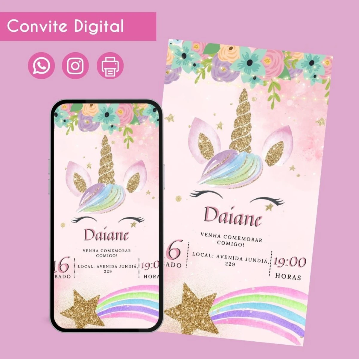 Convite Digital Unicórnio Personalizado de Aniversário 1 Convite digital com tema de unicórnio em tons pastel sobre fundo rosa claro.