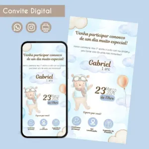 Convite digital com ilustrações em aquarela de ursinho, nuvens e balões para festa infantil.