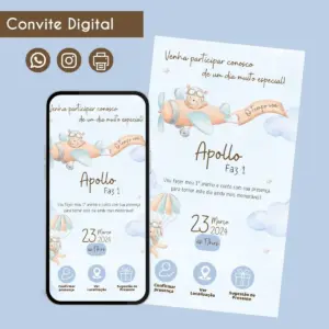 Convite digital com ilustração de urso aviador em tons pastéis com fundo azul claro.