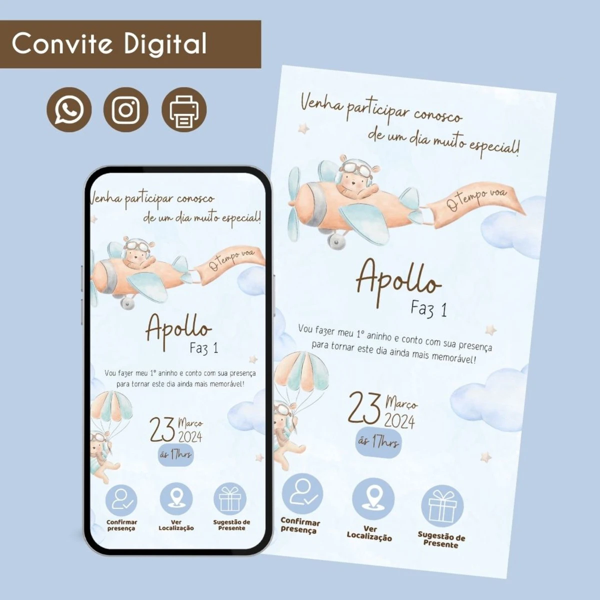 Convite Digital Urso Aquarela para Festa Infantil 1 Convite digital com ilustração de urso aviador em tons pastéis com fundo azul claro.