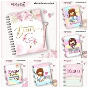 Cadernos com encadernação em espiral e capas decoradas com temas religiosos e florais.