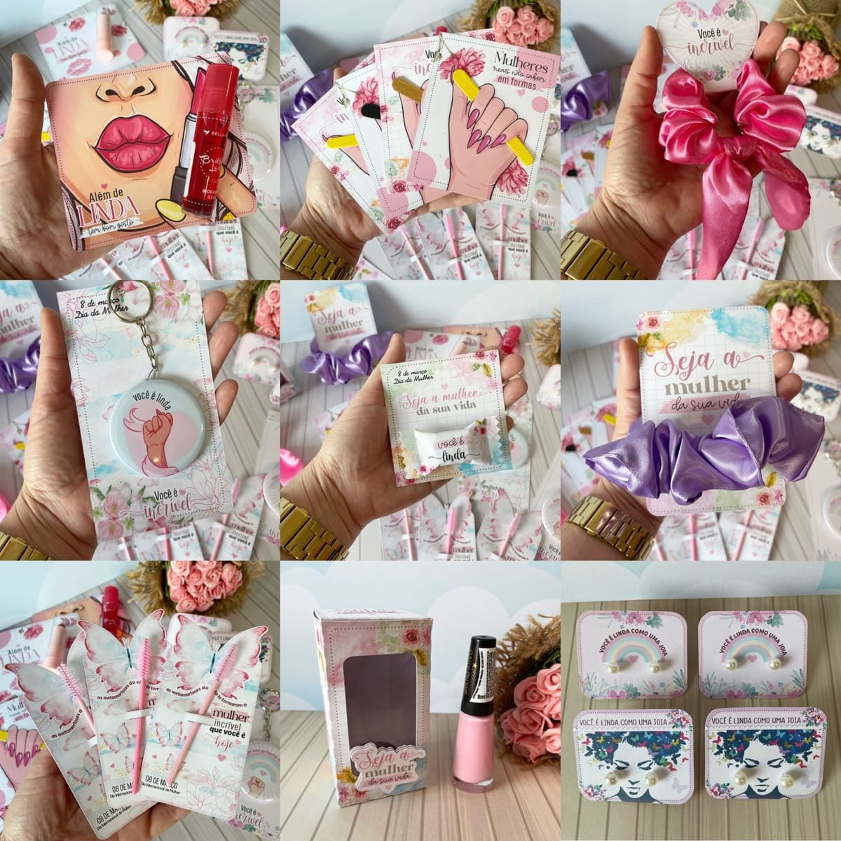 Kit digital Dia das Mulheres com tags e artes para caneca 2 Designs digitais variados para presentes femininos, com ilustrações de flores, maquiagem e mensagens.