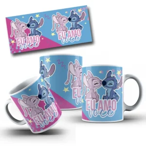 Dia dos Namorados com Stitch e Angel - Arte Caneca Editável