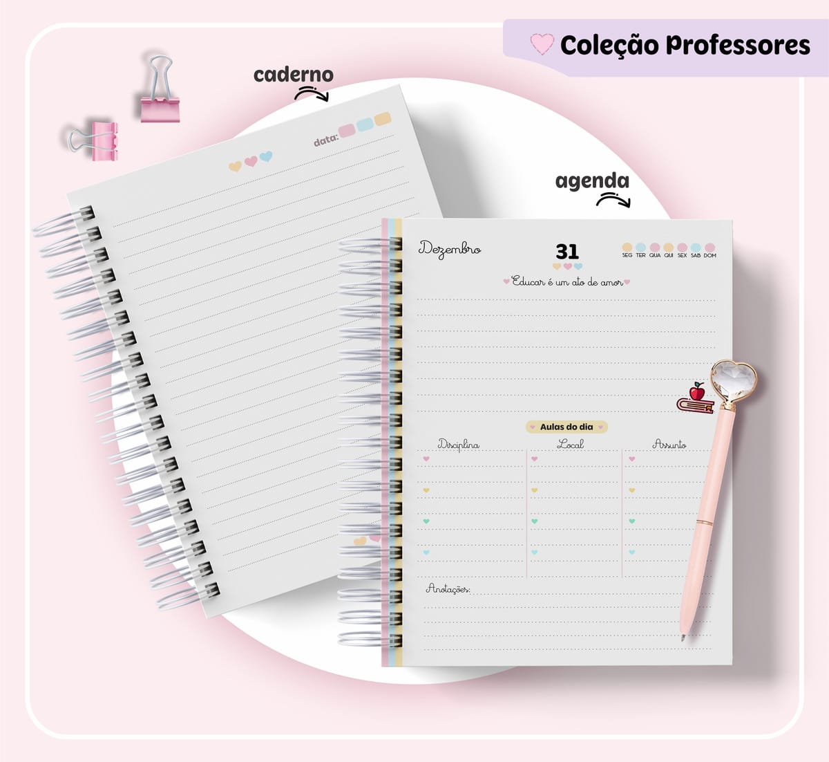 Kit Digital Dia dos Professores para Encadernação 4 Caderno e agenda digitais da Coleção Professores, com caneta e clipes.