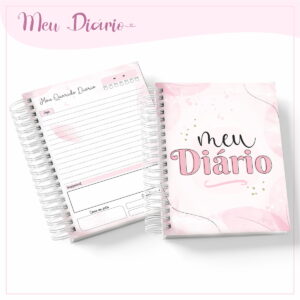 Arte digital de diário rosa aberto com páginas pautadas e capa decorada.