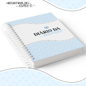 Diário da Adoção em PDF com 120 páginas para imprimir 26 Arte digital de diário da adoção azul claro com espiral branca.