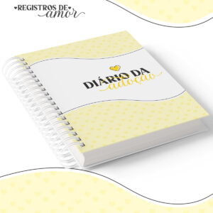 Caderno espiral com capa amarela e branca decorada com corações.