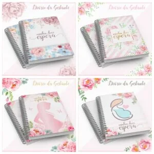 Quatro capas diferentes de cadernos espiralados decorados com temas florais e gestacionais.