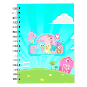 Diário de Creche Galinha Pintadinha Menina em PNG 6 Arte digital de capa com animais de fazenda em desenho animado e cenário rural.