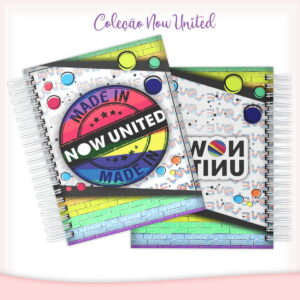 Arte digital de cadernos com capa colorida, estampa "MADE IN NOW UNITED" e fundo de tijolos arco-íris.
