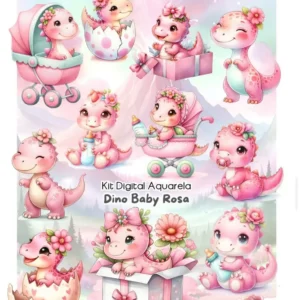 Dinossauro Cor-de-rosa Aquarela Kit em Formato PNG