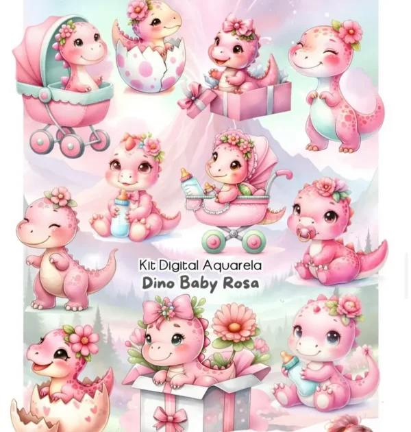 Dinossauro Cor-de-rosa Aquarela Kit em Formato PNG